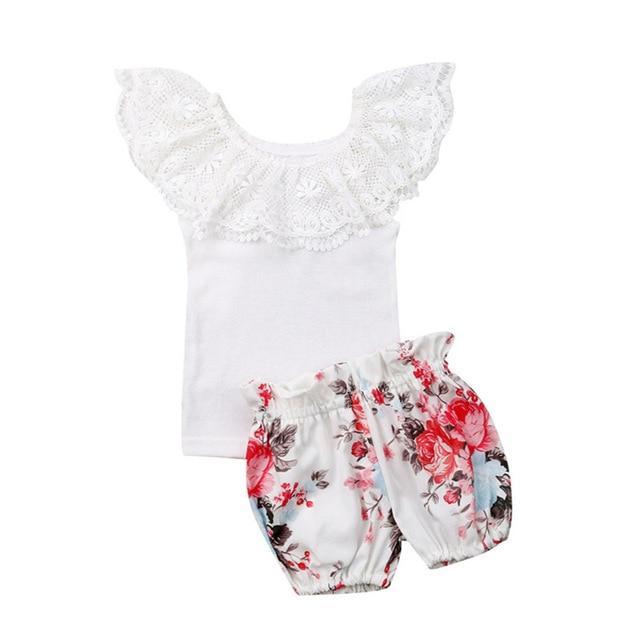 Conjunto 2 Peças Ciganinha Rendada Shorts Floral  - Tamanhos de 0 a 4 anos