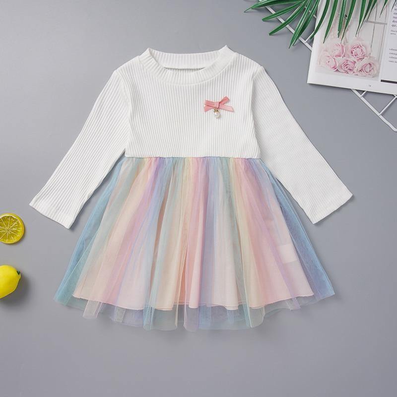 Vestido Manga Longa Saia Tule Colorido - Tamanhos de 1 a 6 anos