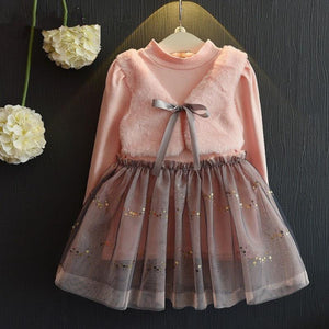 Vestido Cute com Colete Pelúcia Fixo - Tamanhos de 2 a 8 anos