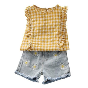 Conjunto Shorts Jeans + Blusa Xadrez - Tamanhos de 1 a 6 anos