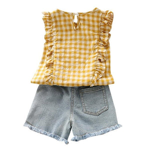 Conjunto Shorts Jeans + Blusa Xadrez - Tamanhos de 1 a 6 anos